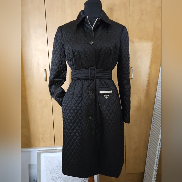 PRADA Black Diamond Quilted Trench Coat with triangle logo AUTHENTIC - Picture 8 of 17